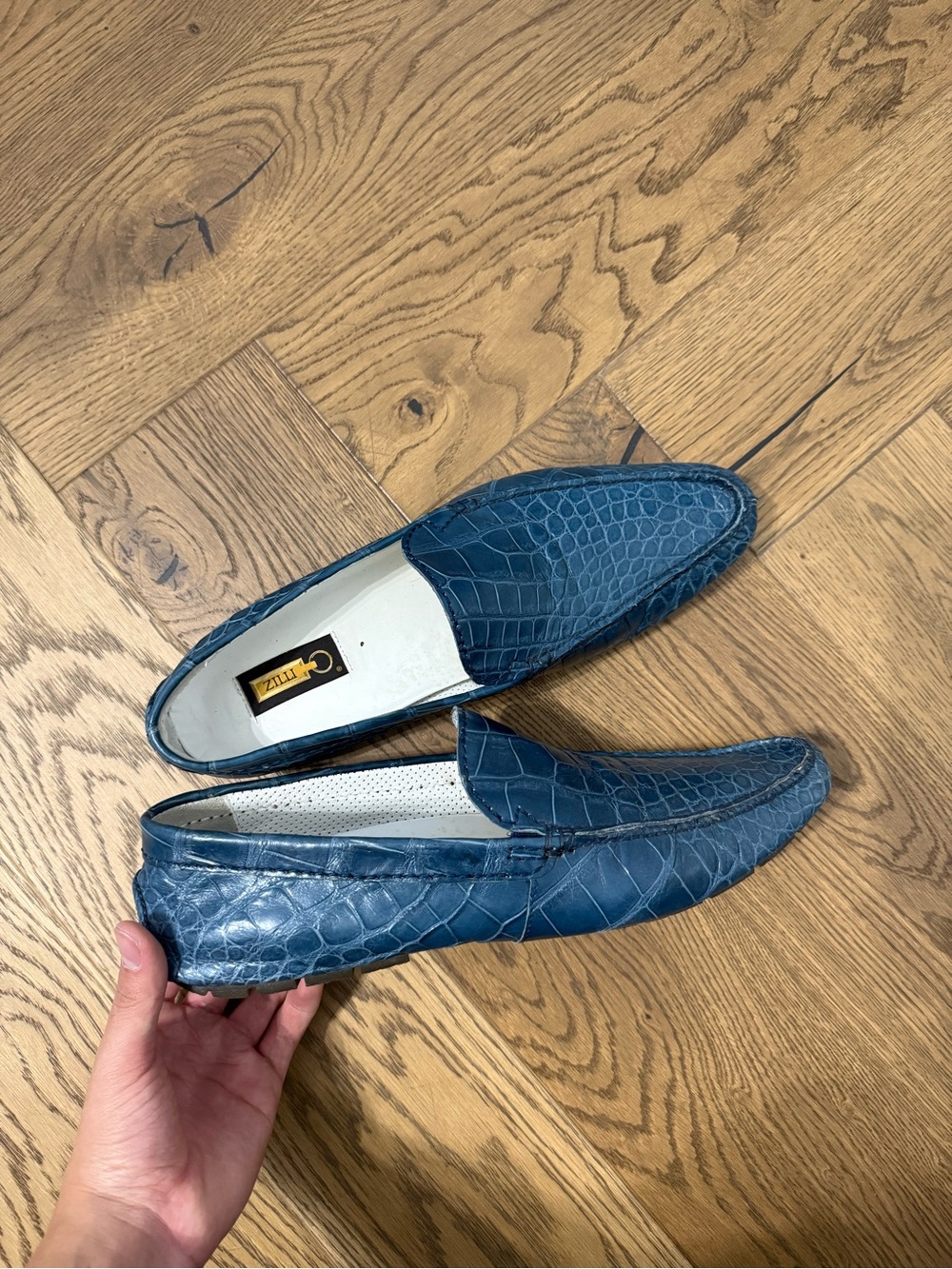 Blue Croc-Embossed Leather Slip-On Loafers